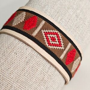 Woven Geometric Leather Cuff Bracelet Red Tan Antiqued Brass Adjustable Textile